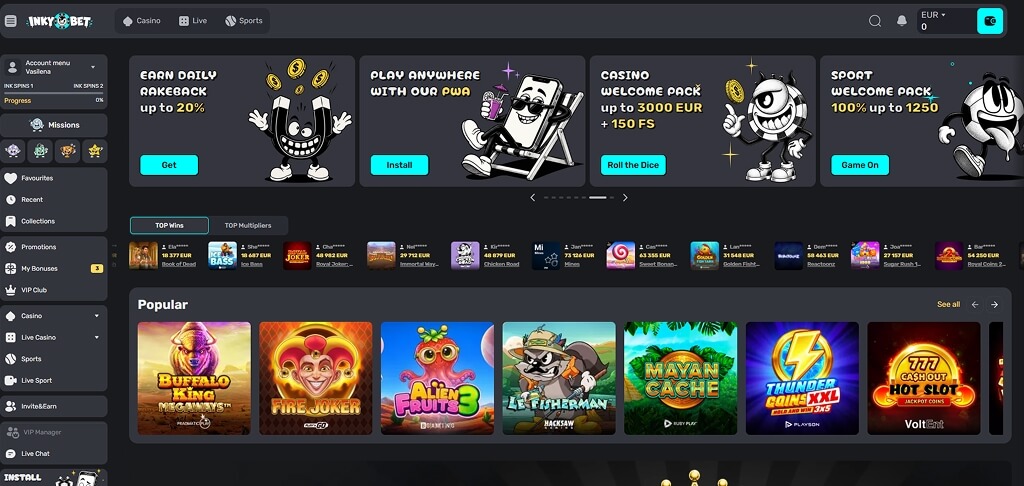 InkyBet Casino Lobby